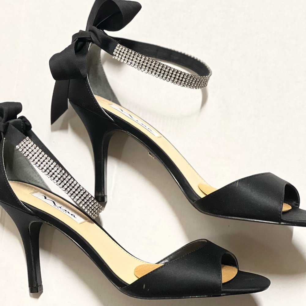 Black Satin Dress Shoes with Rhinestone anklet - Picture 4 of 5